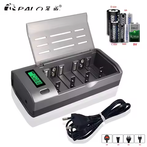 PALO 4 Slot LCD Display Smart Charger for 1.2V AA/AAA Ni-MH/Ni-Cd or C/D Size LR20 NiMH/Ni-Cd 9V Rec