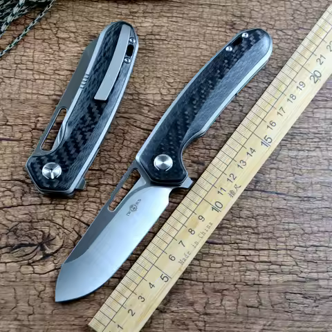 TWOSUN Folding Knife M390 Satin Blade Ceramic Ball Bearing Washer Carbon Fiber Titanium Handle Outdo