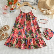 Menoea Baby Girl Summer Floral Dresses Fashion New Flower Printed Strap Dress with A Bag for Kids Gi