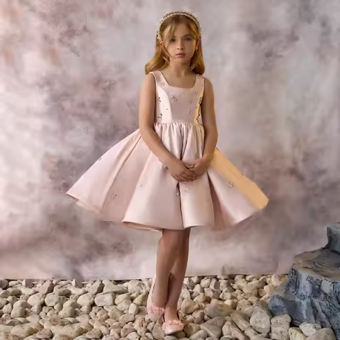 Brief Pink Satin Girl Party Dresses Sweet Crystal Square Collar for Kids Wedding Birthday Holiday Pa