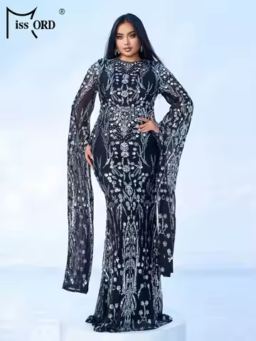 Missord New Plus Size Church Muslim Dress Round Neck Sequin Extended Sleeve Evening Gown Formal Occa