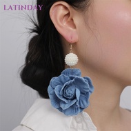 LATINDAY Denim Blue Fabric Earrings, Ornament Handmade Blue Rose Earrings,  Exaggerate Denims Flower