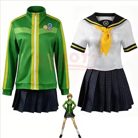 Women Chie Satonaka Persona 4 Cosplay Outfit Yasogami JK Sport Uniform Green Outerwear Matching Wig 