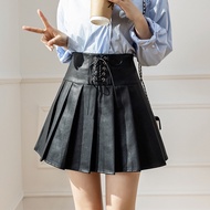 Aiyiyi Short Skirt A-Line Umbrella Leather S-XL Slimmer Look High Waist Pleated Half-Length PU H416A