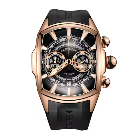 Reef Tiger Men Chronograph Watch Military Sport Quartz Wristwatch Tonneau Super Luminous Watches 100