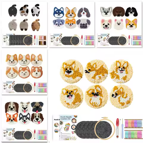 Cute Dog 6 Set Embroidery Kit Punch Needle Coaster Set Beginner Art Craft Punch Needle Supplies Tuft