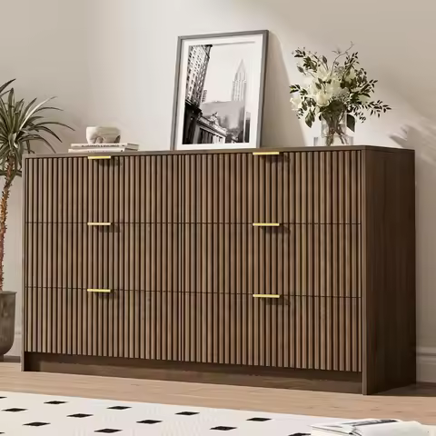 Fluted Wood 3‑Piece Bedroom Set, Dresser & Nightstands, Gold Handles, For Bedroom, 6 Drawer & 3 Draw