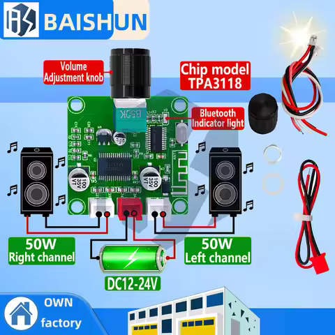 XH-A414 DC12-24V 5.0 Bluetooth digital amplifier board 50W+50W onboard TPA3118D2 amplifier chip 50K 