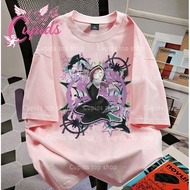 Cupids T-Shirt with Cyberpunk Print of Superhero Woman in Black Outfit Loose Trendy Casual