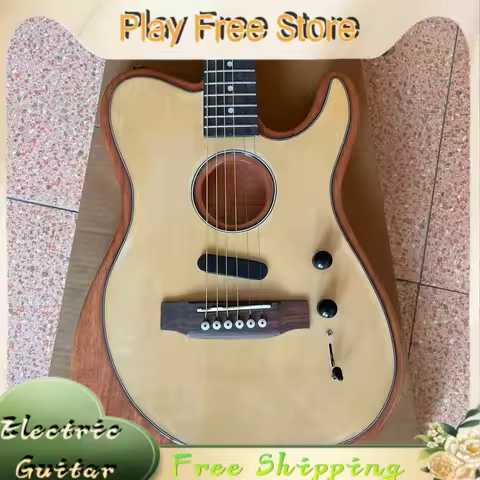 Natural TL Style Silent Acoustasonic Guitar Spruce Top Mahogany Body Dual Tone Switch Quiet Practice