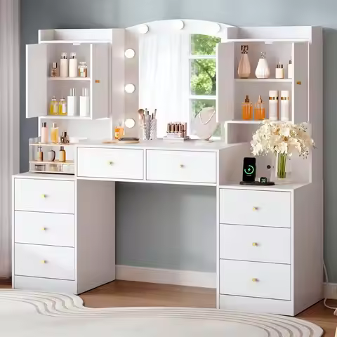 Vanity Desk with Mirror and Lights, 56" Makeup Vanity Desk with Charging Station, 8 Drawers & 2 Cabi