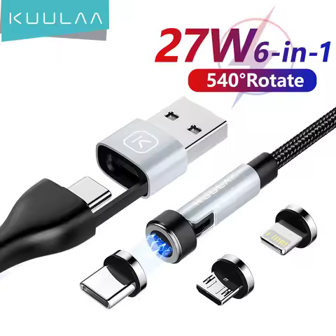 KUULAA 6 in 1 Magnetic Charging Cable 540Β° Rotate 27W Fast Charge For iPhone Type C Micro USB Magnet