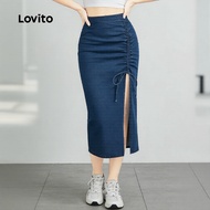 Lovito Skirt Denim Kasual Biru Tua Lipit Musim Bunga & Panas L189AD019