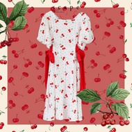 SEP03 Red And White Cherry Print Long Dress With Puffy Sleeves.