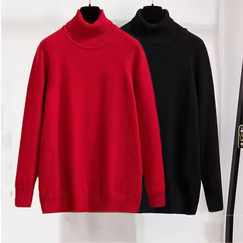 170Kg Plus Size Women's Bust 160 Outer Wear Loose Pullover Turtleneck Base Knitted Sweater Black Red