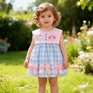 New Summer Girls' Dress with Checkered Bow Navy Collar Western-style Cartoon Print Children's Cotton