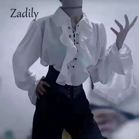 ouji Women's Victorian Gothic Blouse Ruffled Lace Up Shirt Long Sleeve Vintage Renaissance Style Top