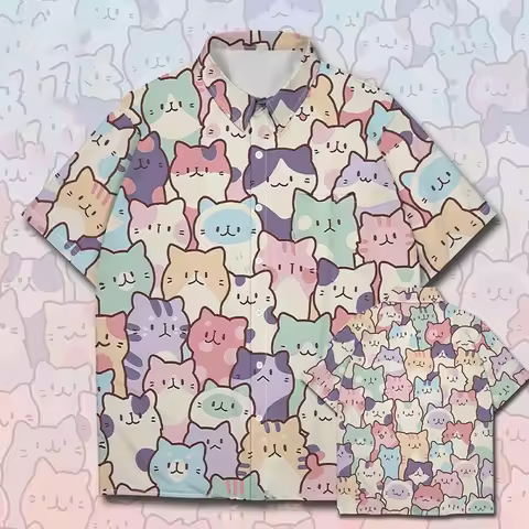 New 3d Cute Cat Print Hawaiian Shirts Men Shirt Fashion Trend Unisex Clothing Oversized Short Sleeve