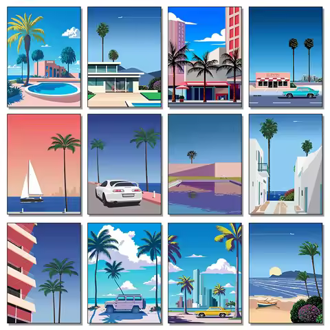 Nordic Hiroshi Nagai Vaporwave Japan Beach City Summer Wall Art Diamond Painting And Prints Posters 