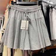 Shop elastic waist pleated cotton skirt 2023 spring A-line women's high waist college style short sk