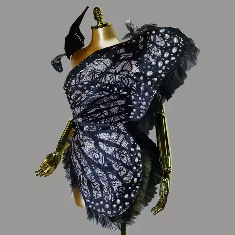 Siren Black Rhinestone Bodysuit Butterfly Wings UV Glow Rave Costume Prom Birthday Party Nightclub S