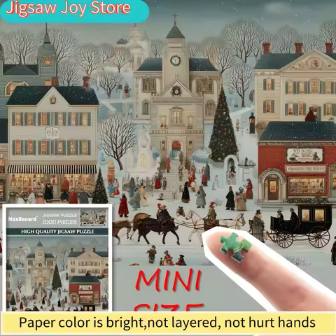 Mini Christmas Puzzle - Festive Winter Village Scene with Snow-Covered Buildings, Horse-Drawn Carria
