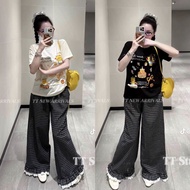 Big size women's clothing Set 60-90kg, loose cotton t-shirt Set with wide-leg black checkered pants 