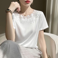 Chic Inner Wear เสื้อยืดแขนสั้นผู้หญิงหลวม Fit Chemise Snow Silk Vinegar Silk Crewneck Top สวมใส่ทุก