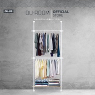 OUROOM ราวแขวนเสื้อ ราวแขวนผ้า ราวแขวนไม่ต้องเจาะ 2 เสา 2 ราวแขวน 1 ชั้นวางไม้ (OU-09) ใช้แทนตู้เสื้