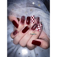 Ready-Made Gel Nails Red Grid Glitter Flats ️