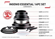 (Made in France) Tefal Ingenio Essential 14 Pc Pots and Pans Set Black . For all cooktops Except Induction). ( Ready Stock ) (Free 3x Cookware Protector - 26cm  35cm  38cm)
