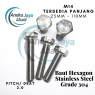 Hexagon Bolt M14 Stainless Steel 304 - Bolt SS304 - Bolt SS M14 Length 25mm - 110mm P2.0