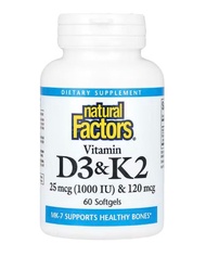 Natural Factors Vitamin D3 & K2 25 mcg (1000 IU) & 120 mcg 60 Softgels