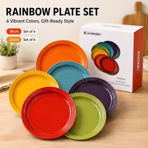 Le Creuset Rainbow Plate Set of 6: Premium Ceramic Dinner & Salad Plates in Gift Box, Vibrant Stonew
