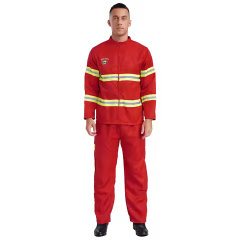 Mens Firefighter Costume Fighter 4-piece Fireman Suit Plastic Helmet Long Sleeve Jacket Pants And Be