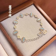 8.5925 Silver Enamel Lotus Bracelet Women New Chinese Style Sweet Elegant Temperament Simple Light L