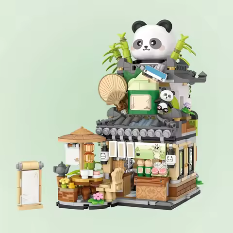 Street View Spring Style Cute Bear Cafe Store, Panda Tea House Mini Building Blocks Set, DIY Brick S