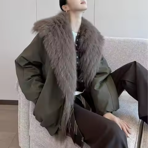 OFTBUY Women's Down Coats and Parkas Jacket with Fur Outerwear Fox Fur Coats for Woman Real Fur Coat