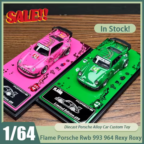 New In Stock Flame 1:64 Porsche Rwb 993 964 Rexy Roxy Dinosaur Livery Car Alloy Miniature Diecast Po