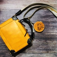 9吋植鞣牛皮側肩背小行李箱 真皮手縫 手提包(商品不含小零錢包)