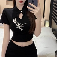 Girl top Black New Chinese Unique Buttoned Embroidery Short Sleeve Summer Design Hot girl Slim-fit C
