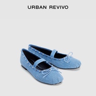 URBAN REVIVO Women's Tweed Low Heel Studded Denim Round Toe Ballet Shoes
