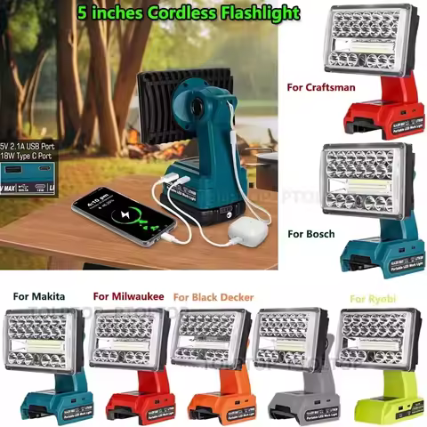 28W Flashlight LED light with USB&Type-C Replacement for Dewalt/Makita/Bosch/Milwaukee/Ryobi/Black&D
