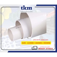 [TKM] [3FEET/KAKI] 110MM 160MM 200MM | 3 FEET | UPVC SWV DRAINAGE PIPE | PAIP AIR PVC | PUTIH | WHIT