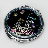 珍珠母貝隨身鏡 螺鈿工藝 雙面折疊 小圓鏡 帶放大鏡 蘭花紋