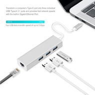 4 合 1 鋁合金 3.0 C 型轉 RJ45 以太網集線器 + 3 USB 3.0 端口適配器適用於台式筆記本電腦  pilckp 4 in 1 Aluminium Alloy 3.0 Type C