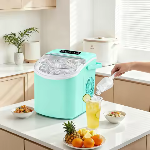 Portable ice maker that produces 9 ice cubes in 6 minutes. Daily ice production capacity: 35 pounds.