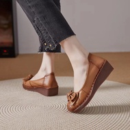 Women New Genuine Cow Leather Wedge Shoes Lady Casual Soft Bottom Bow Shoes