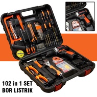 Mesin Bor Listrik 102 in 1 Set Lengkap Koper Obeng Cordless Screwdriver Drill ToolBox Tembok Kayu