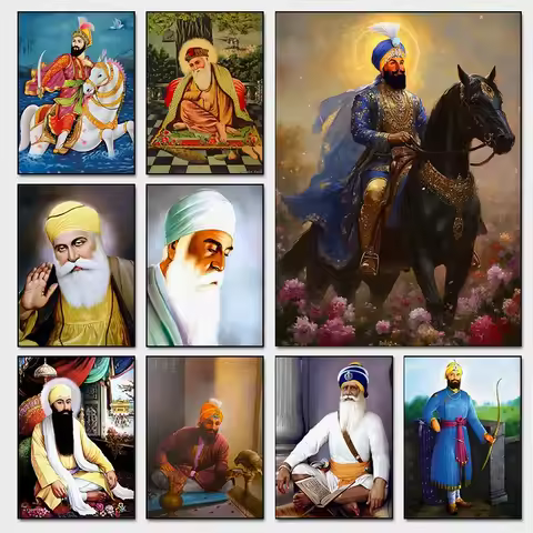 Sikh Historical Art Print of Guru Nanak Dev, Guru Ram Das, Baba Deep Singh & Maharaja Bhupinder Sing